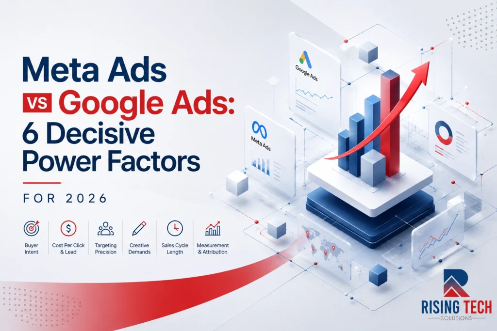 Meta Ads vs Google Ads comparison showing digital advertising analytics, targeting, cost, creative, sales cycle, and measurement factors for 2026