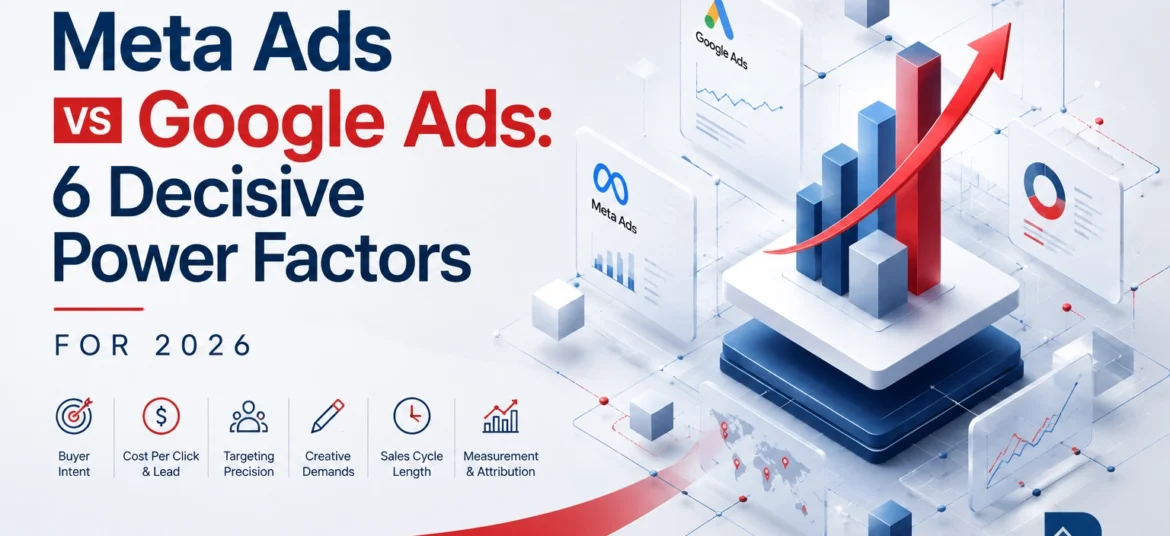 Meta Ads vs Google Ads comparison showing digital advertising analytics, targeting, cost, creative, sales cycle, and measurement factors for 2026